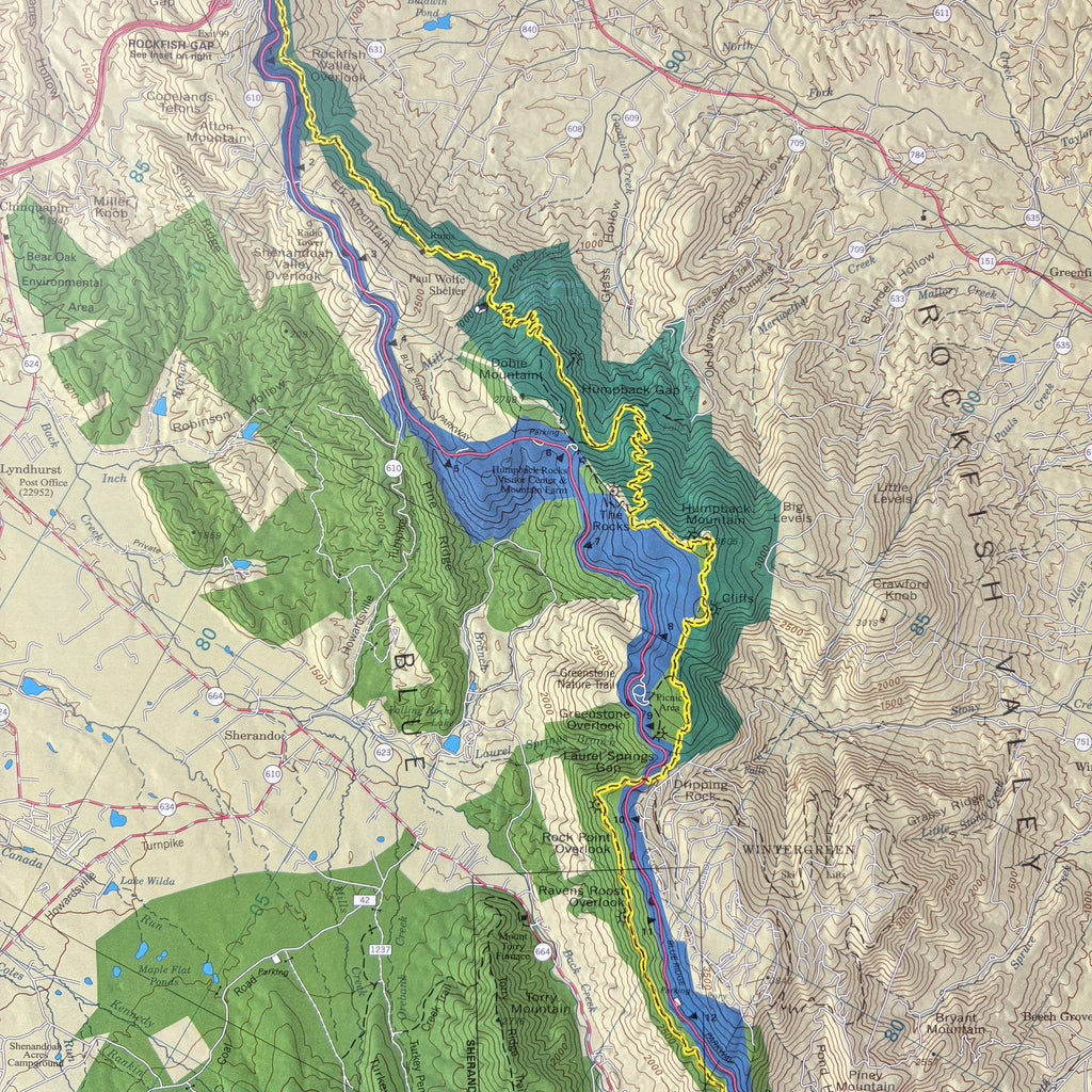 Topographic map with green areas labeled 'Rockfish Valley' and blue water bodies.