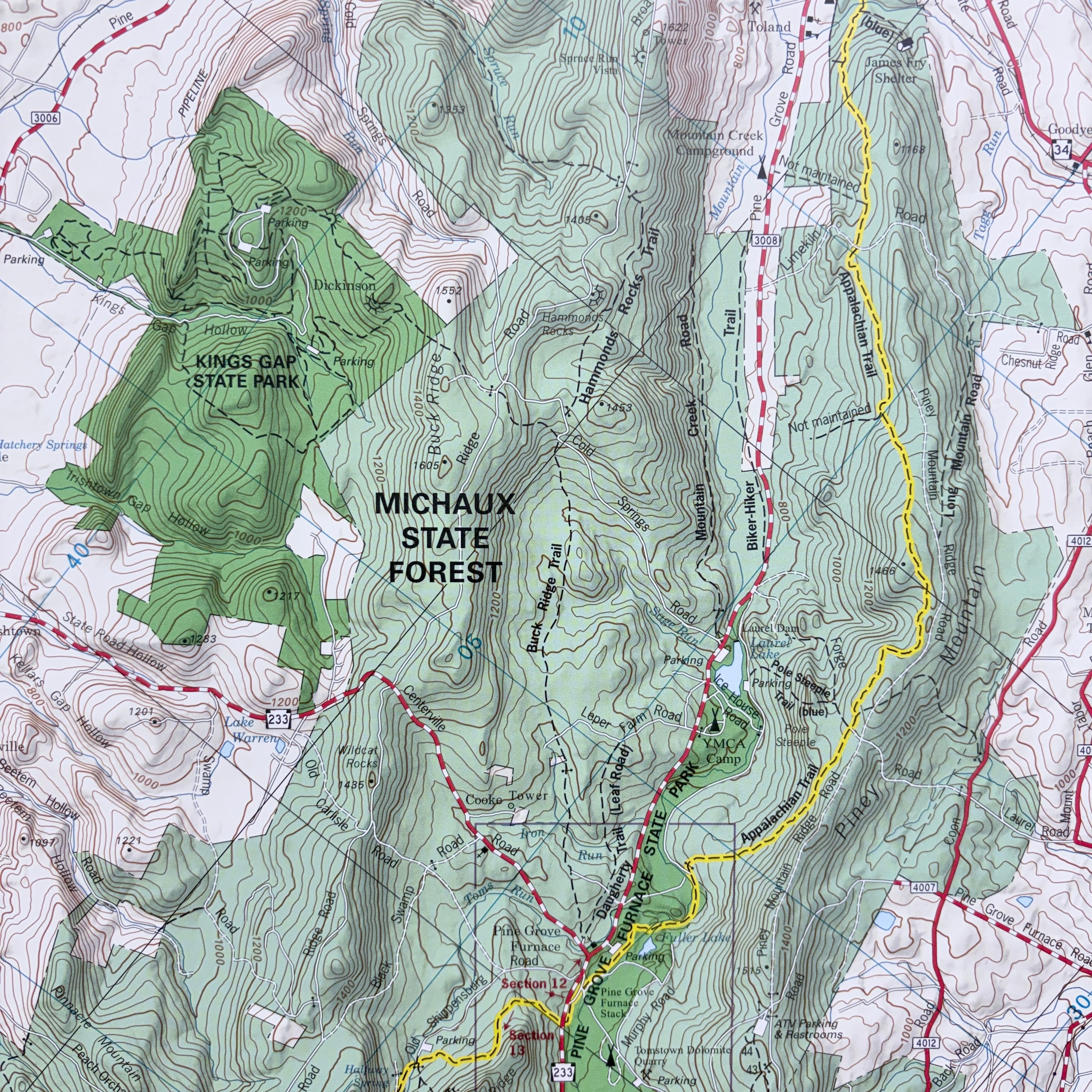 Topographic map of Michaux State Forest and Kings Gap State Park