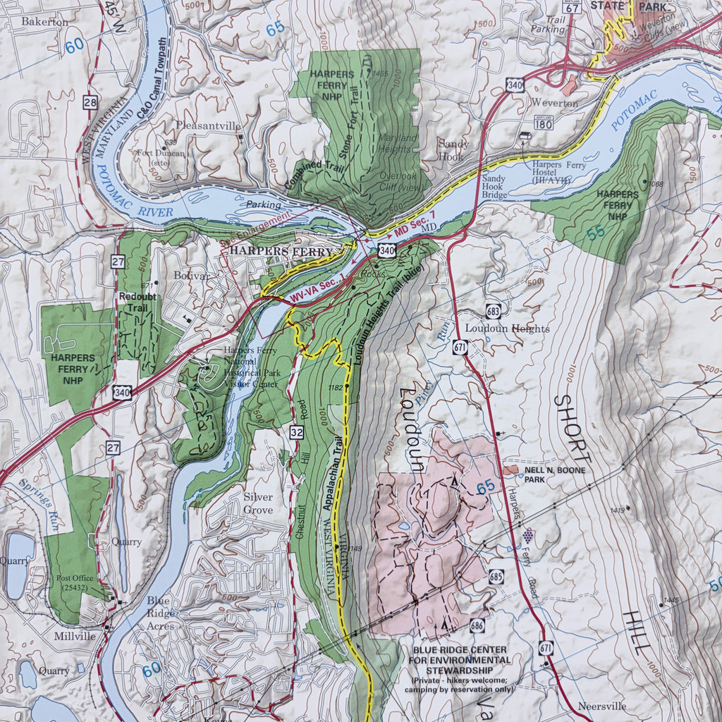 Topographic map of Harpers Ferry with various roads and landmarks labeled.