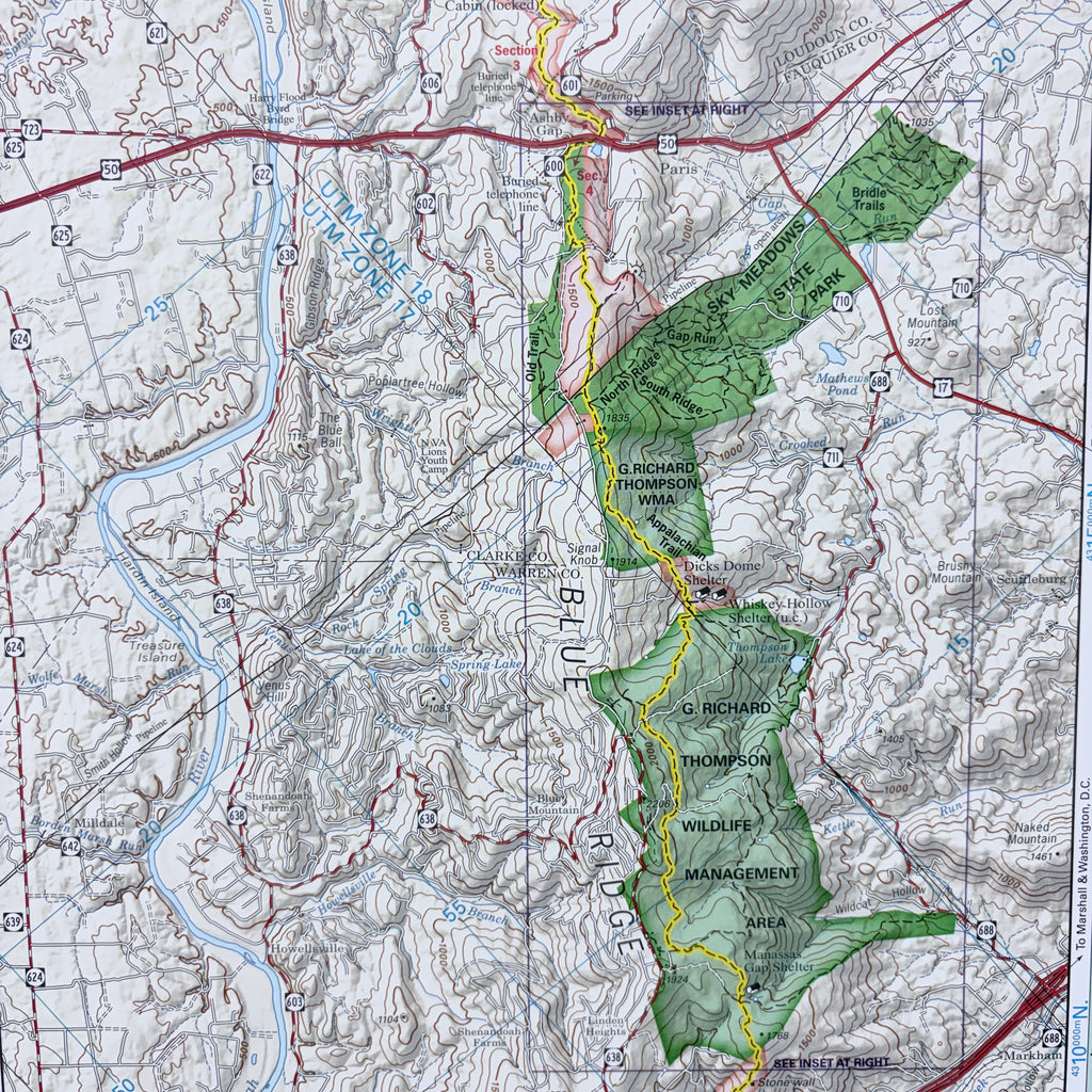 Topographic map with green areas labeled 'Blue Ridge Wildlife Management Area' and roads.