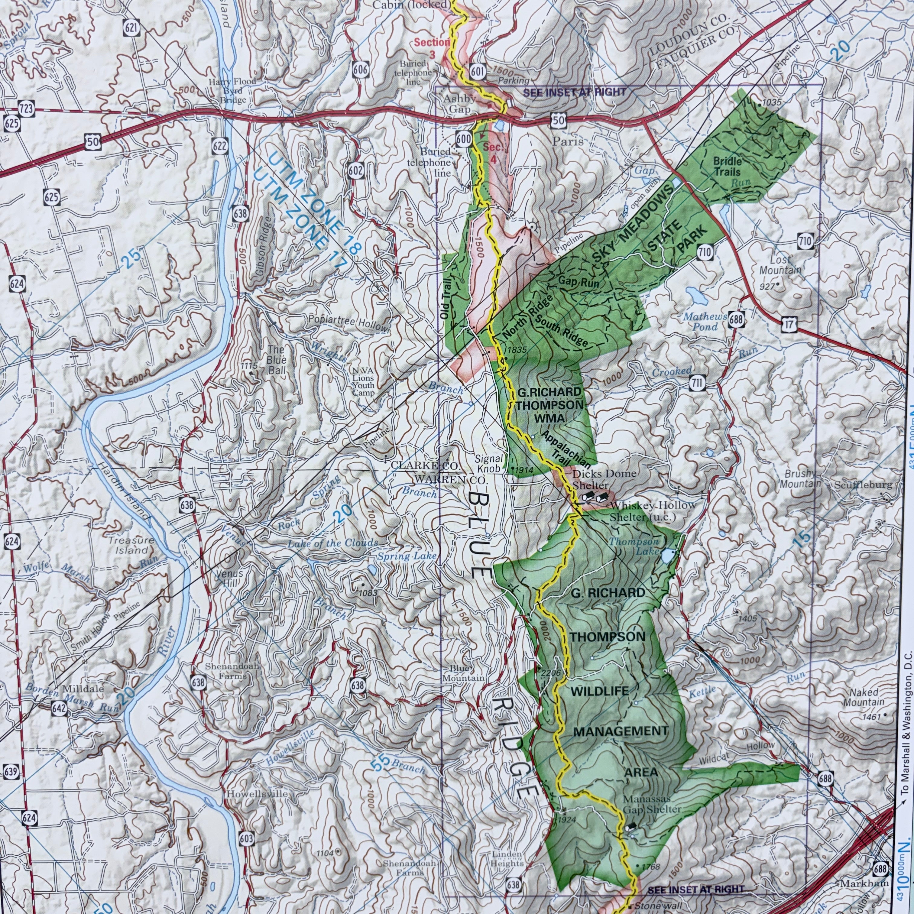Topographic map with green areas labeled 'Blue Ridge Wildlife Management Area' and roads.