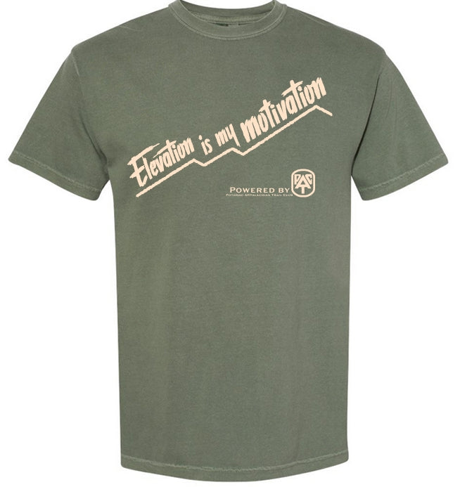 Green t-shirt with 'Elevation is my motivation' text on a white background