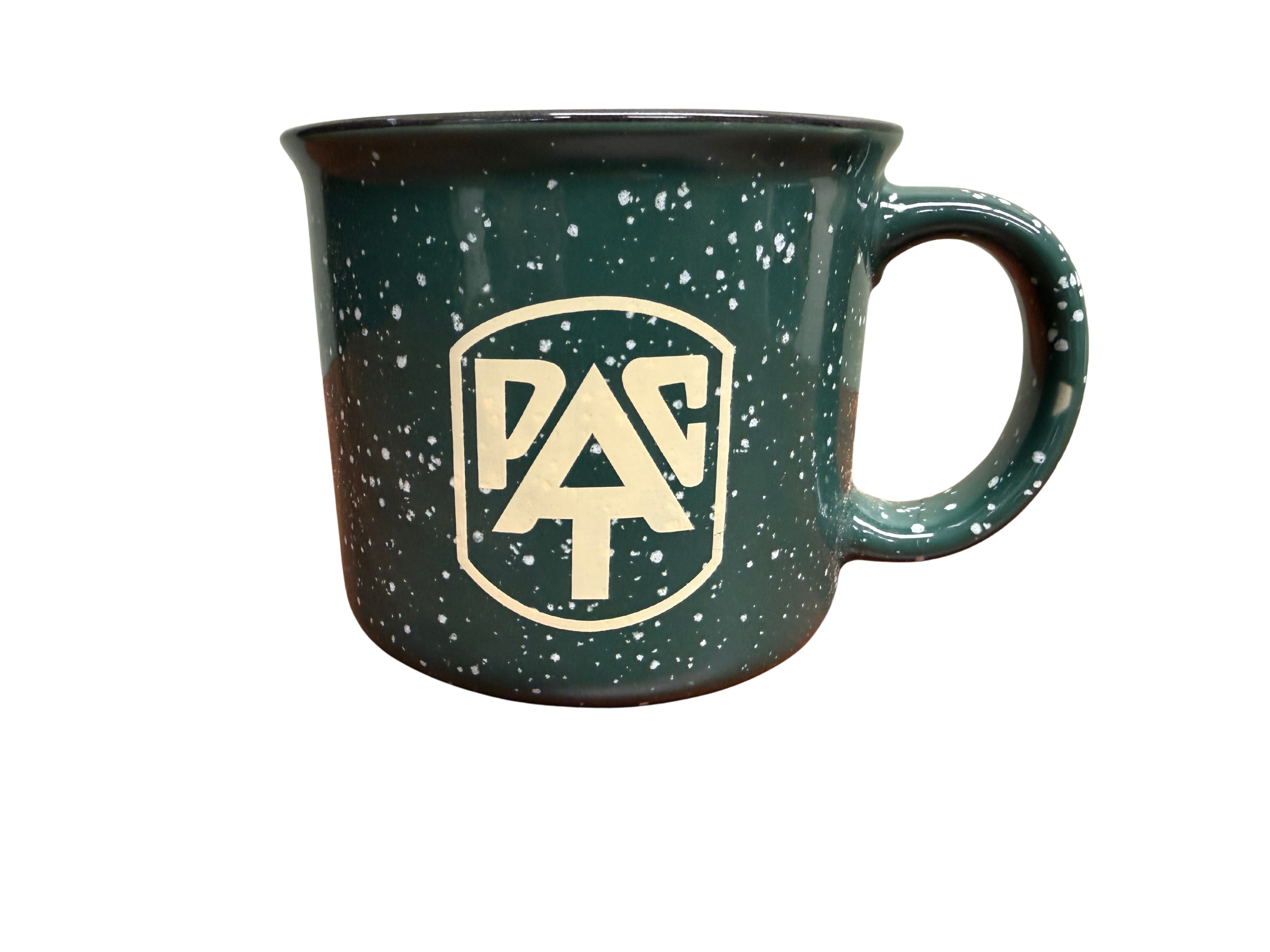 Green speckled mug with a logo on a white background