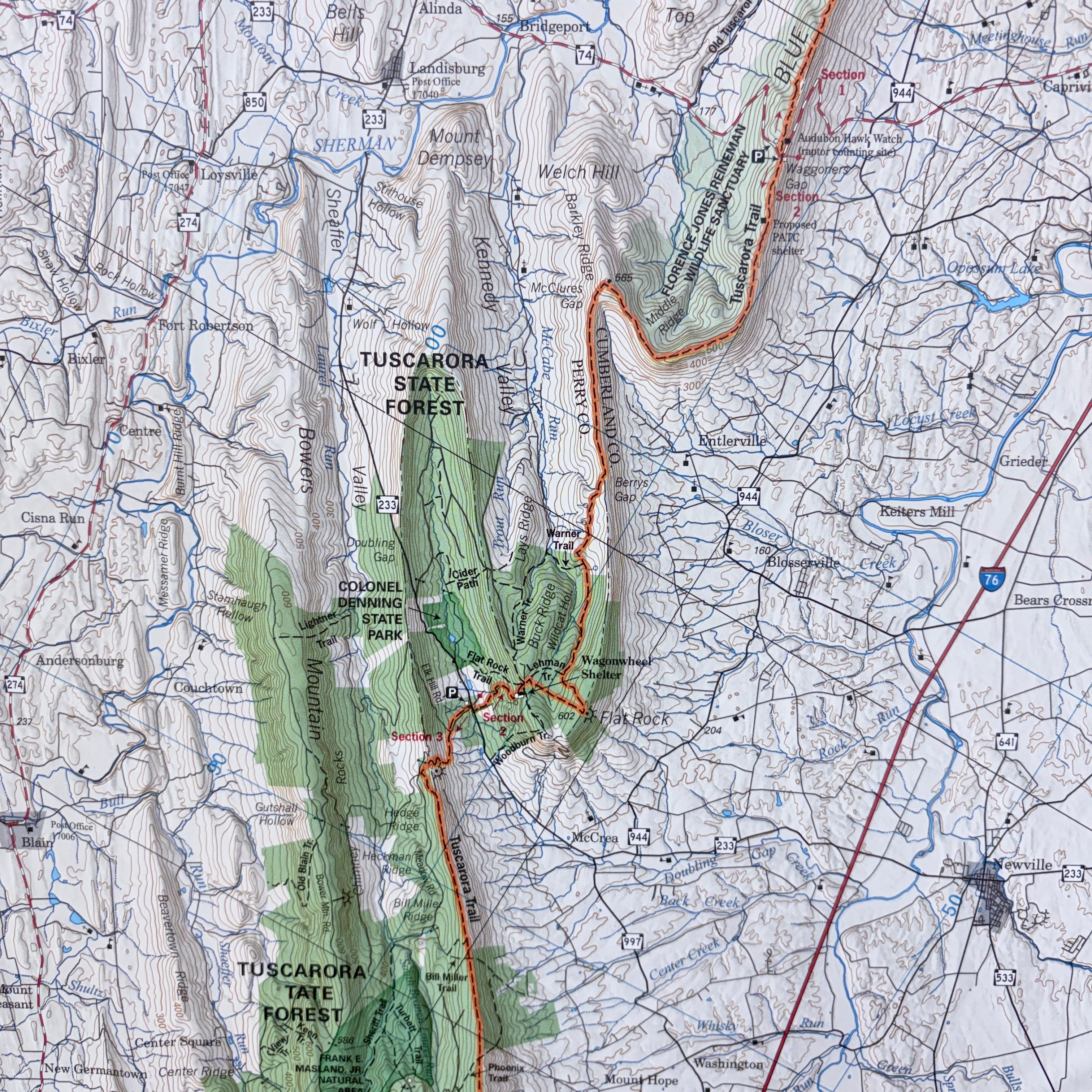 Map of Tuscarora State Forest with surrounding areas labeled.