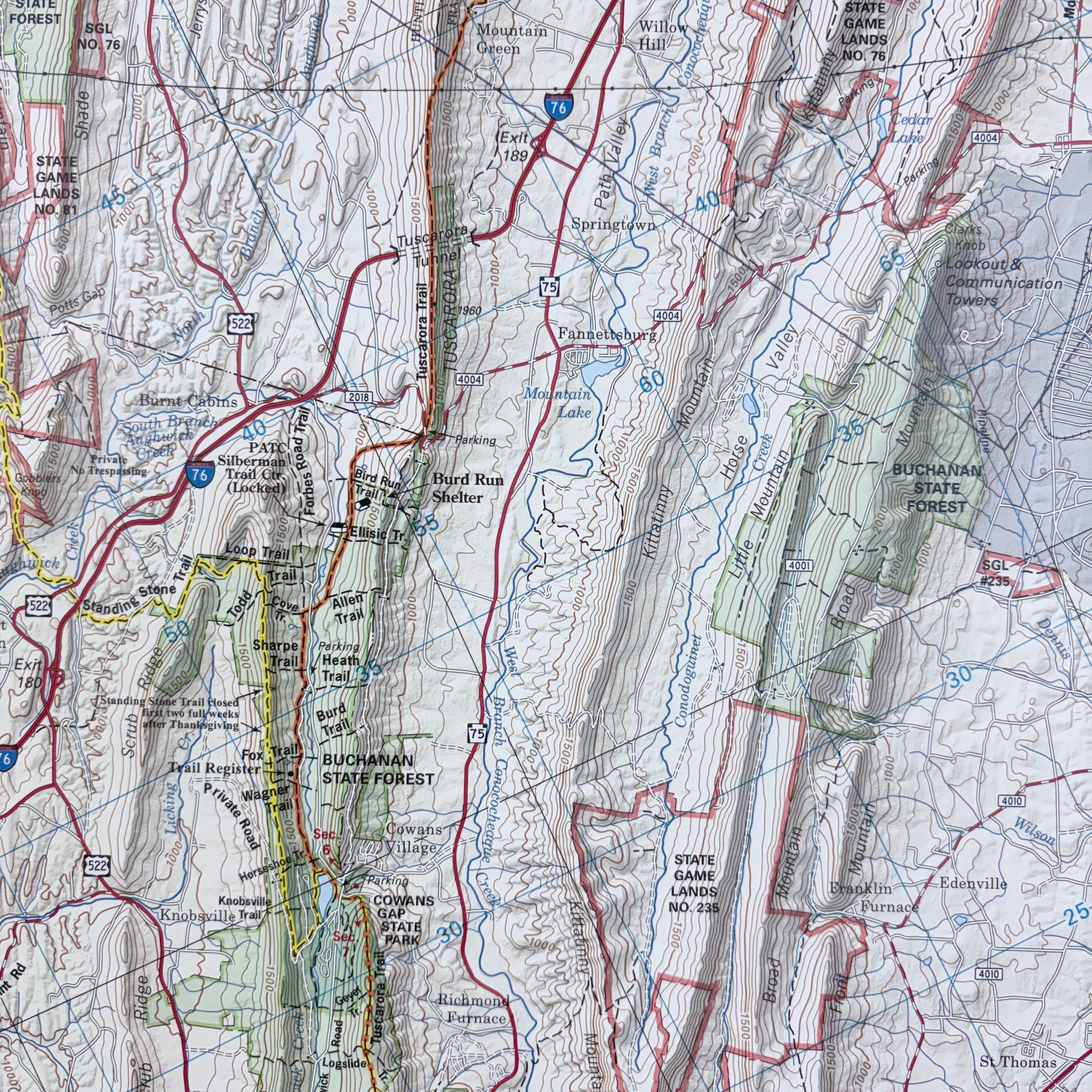 Topographic map with various routes and landmarks labeled