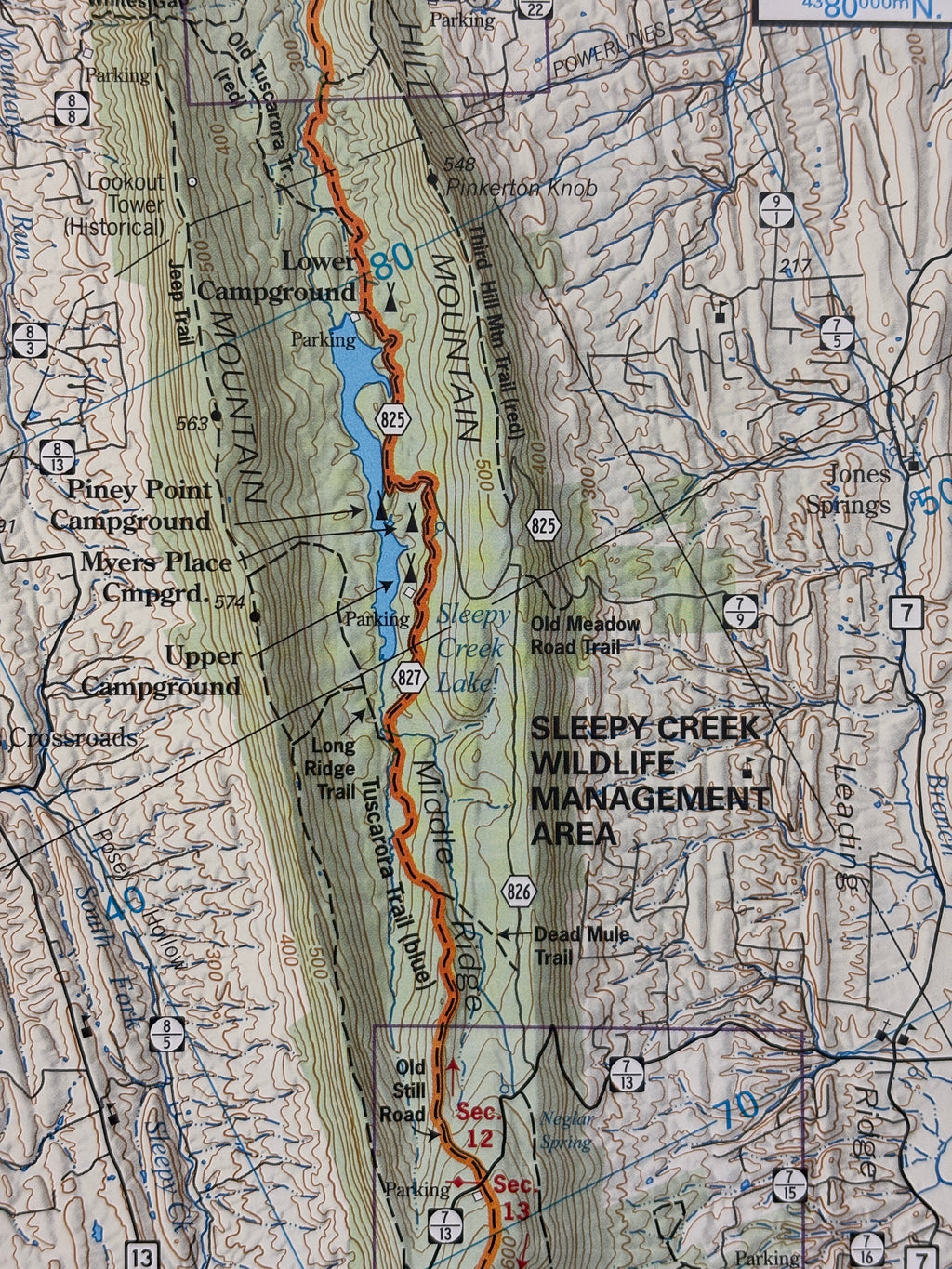 Topographic map of a hiking trail with various markers and labels