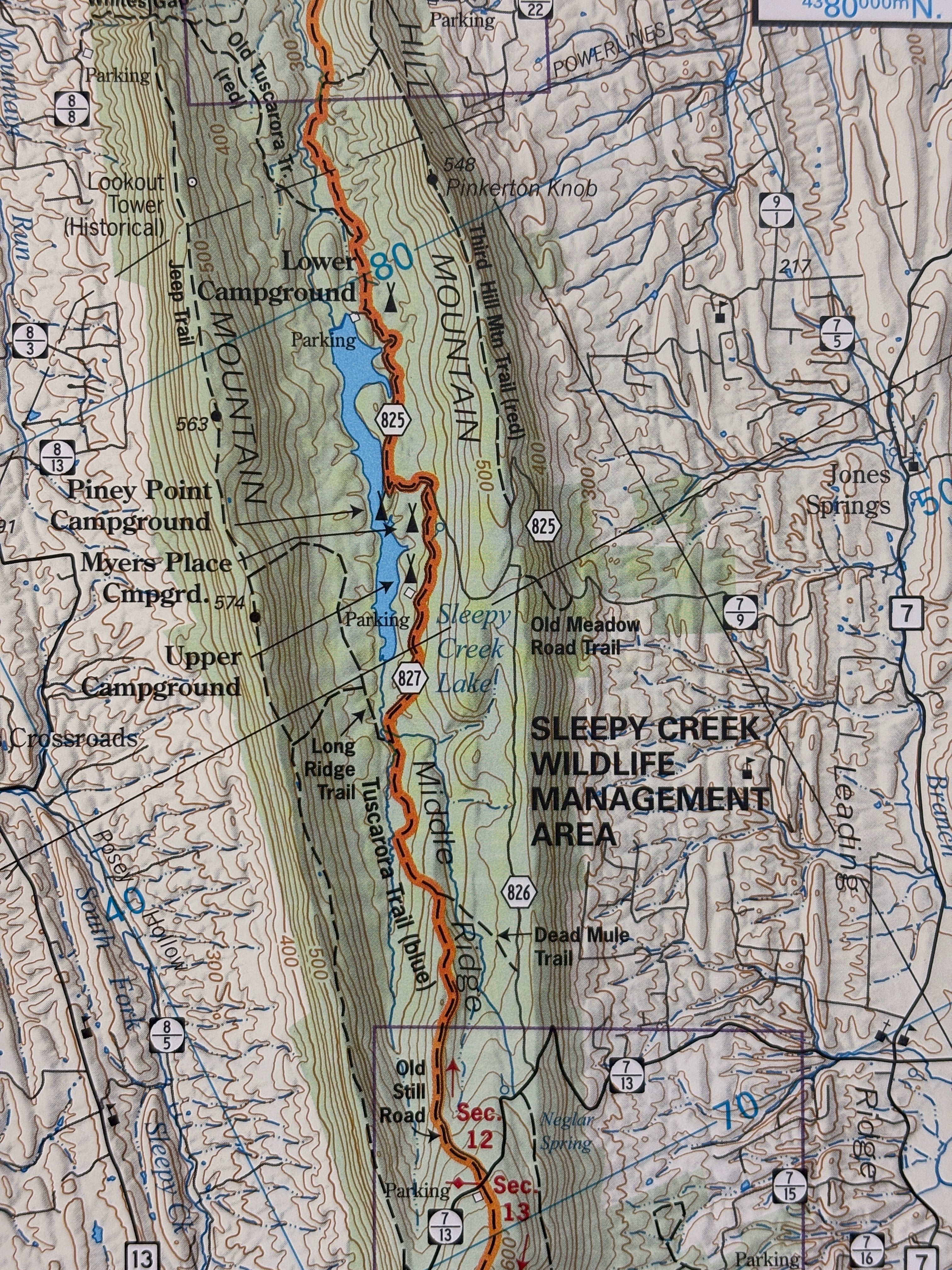 Topographic map of a hiking trail with various markers and labels