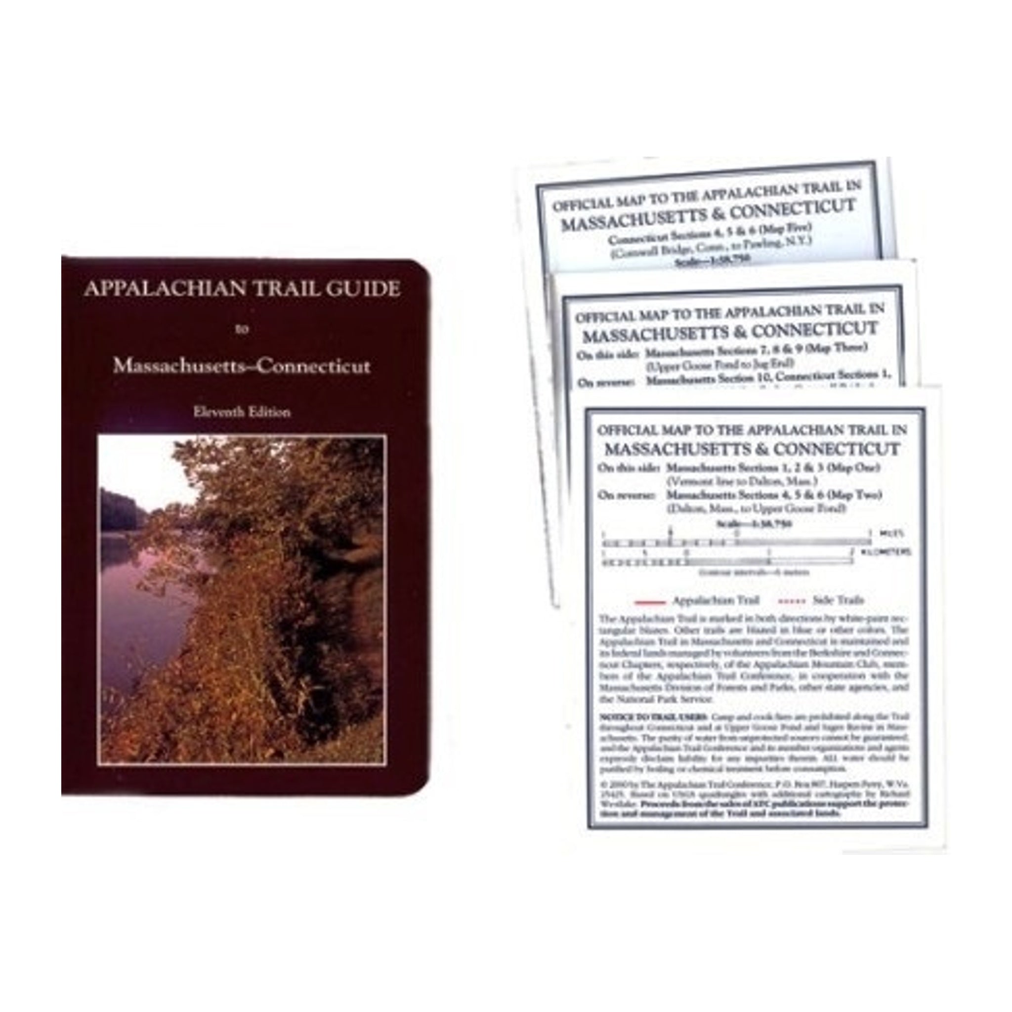 Appalachian Trail guidebook for Massachusetts and Connecticut with two maps on a white background