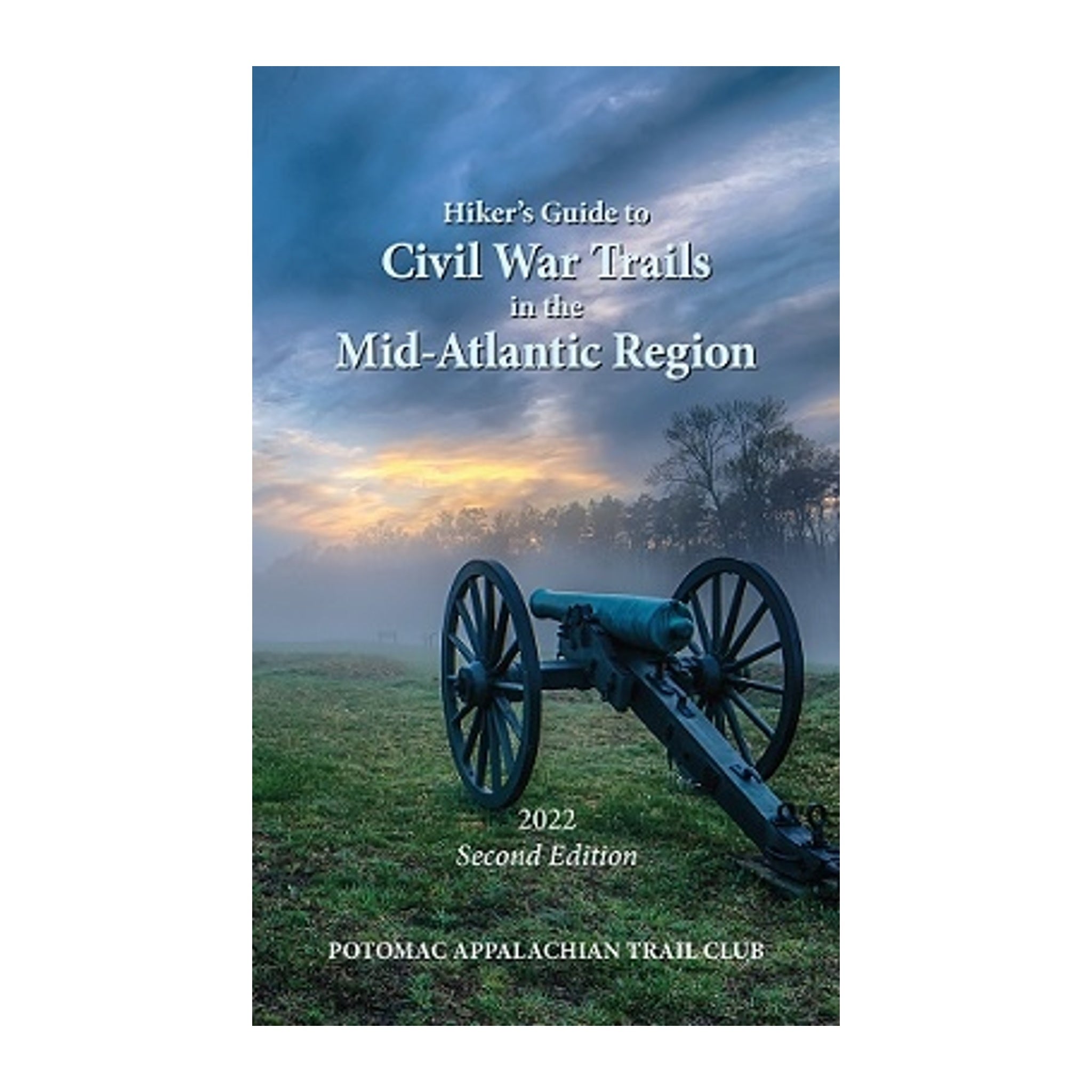 Book cover of 'Hiker's Guide to Civil War Trails in the Mid-Atlantic Region' with a cannon and sunset background.