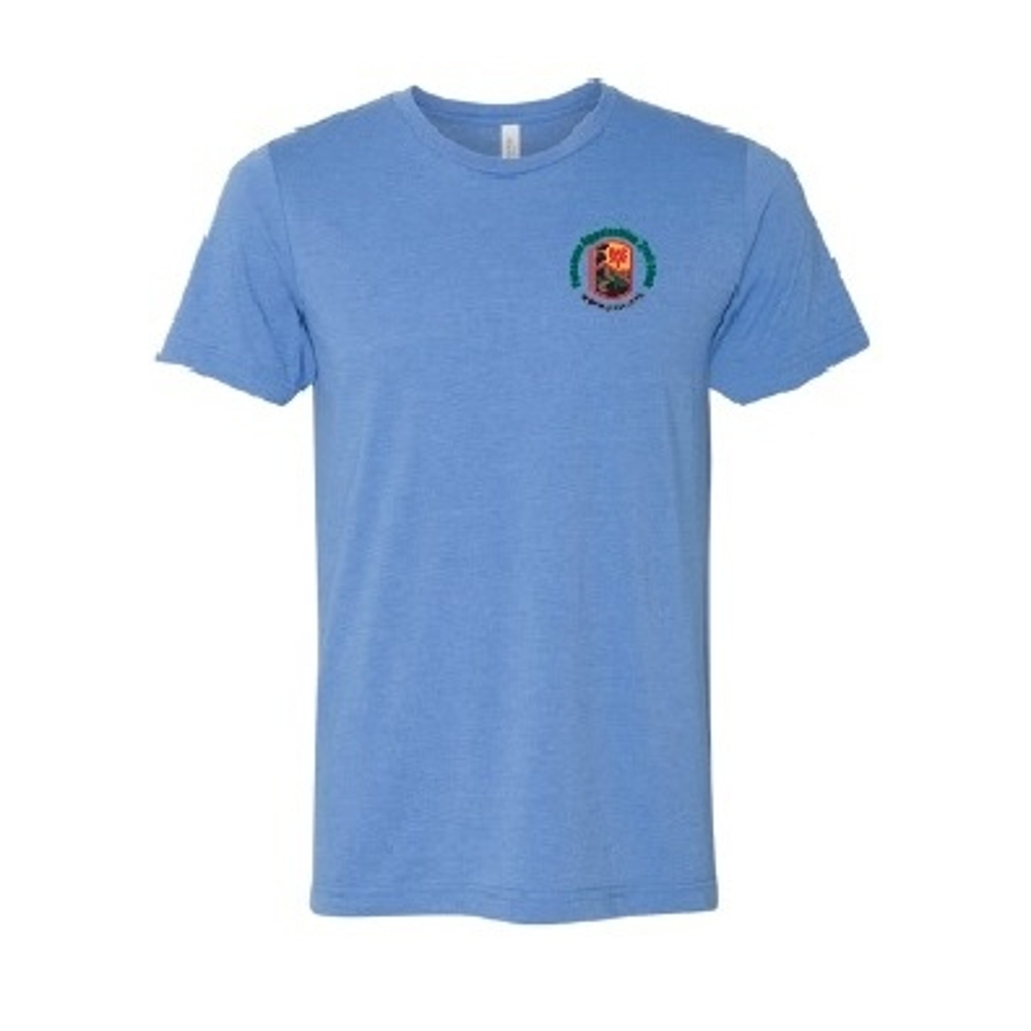 Blue t-shirt with a logo on the chest against a white background