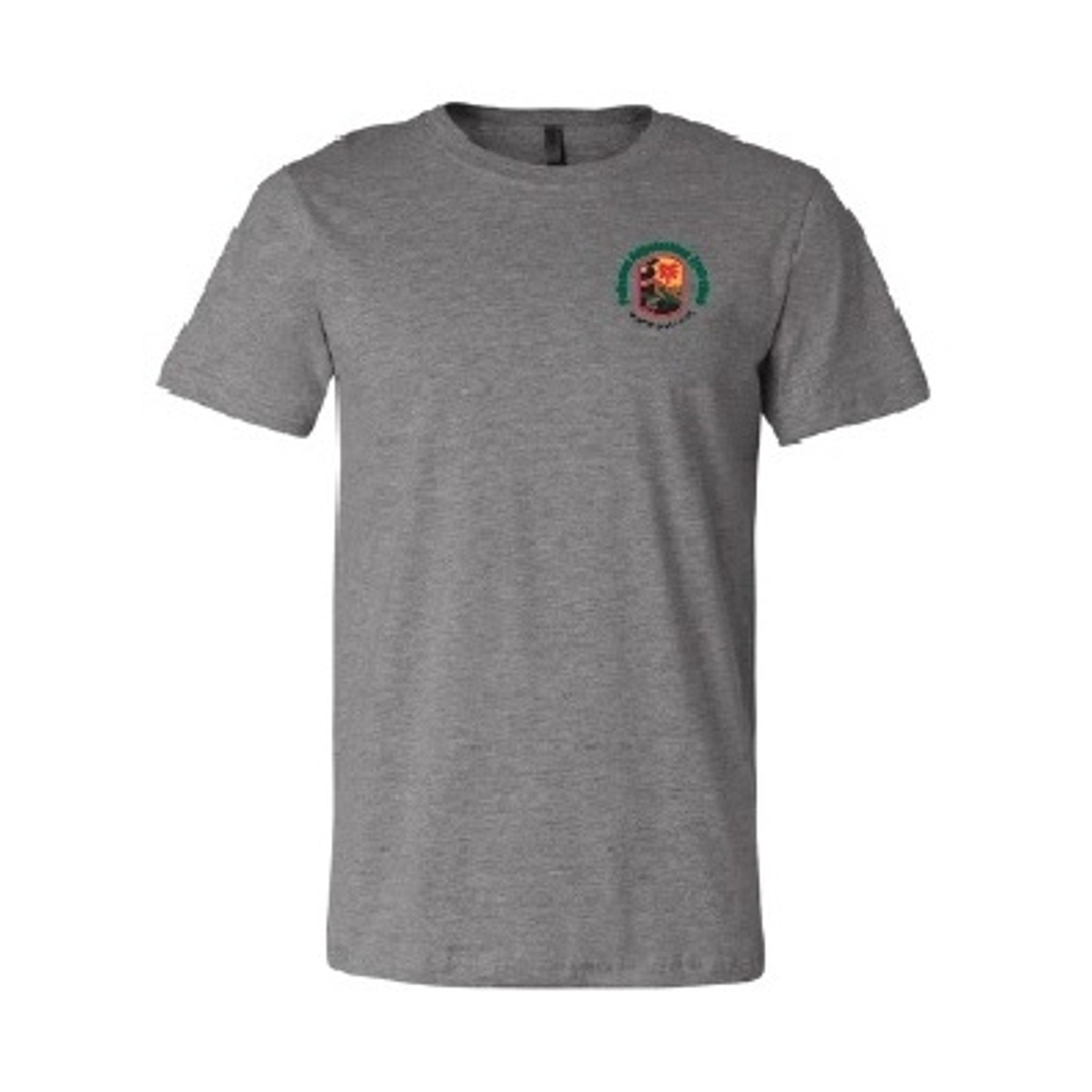 Gray t-shirt with a small logo on the chest against a white background