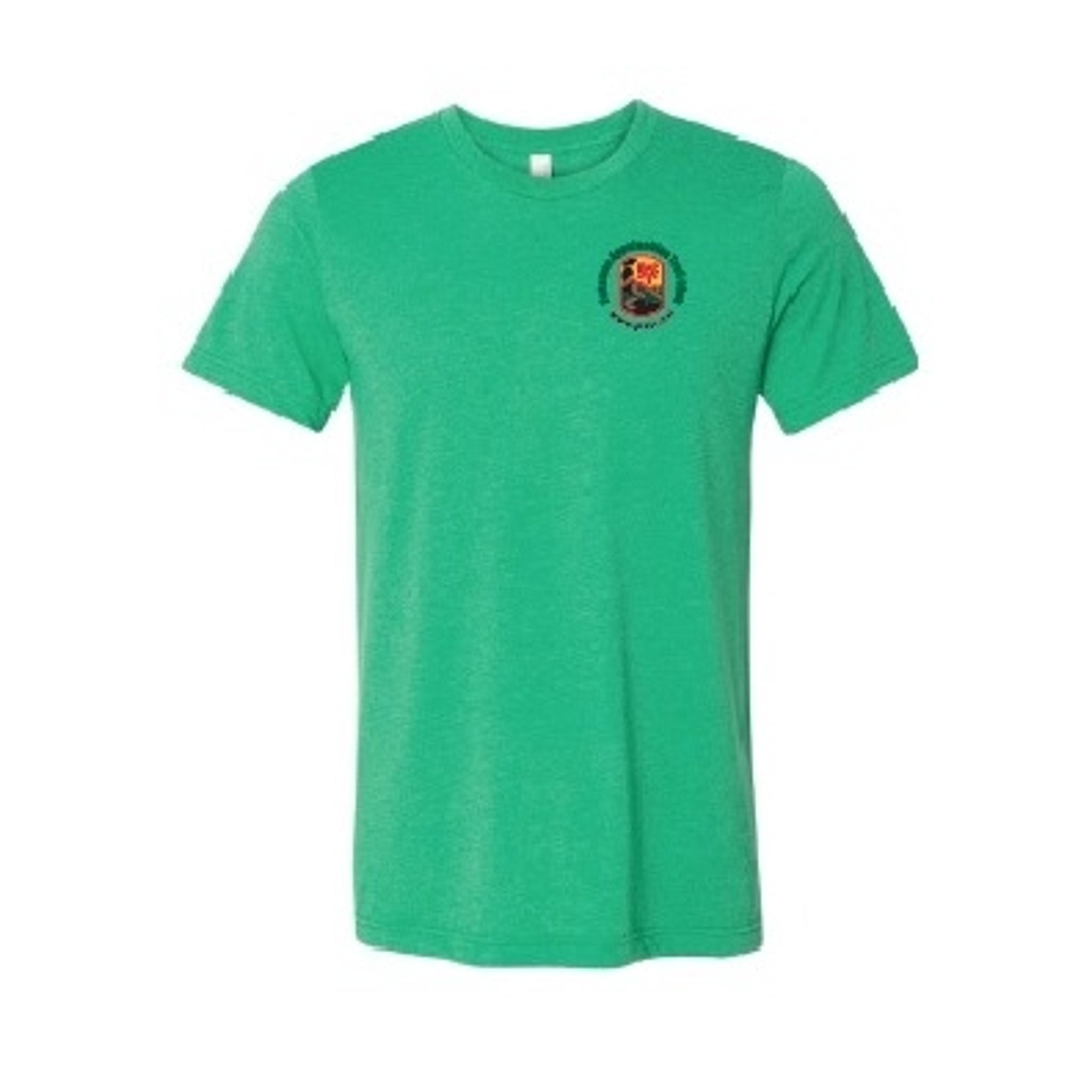 Green t-shirt with a small logo on the chest against a white background