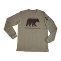 Khaki long-sleeve shirt with bear graphic and text on a white background
