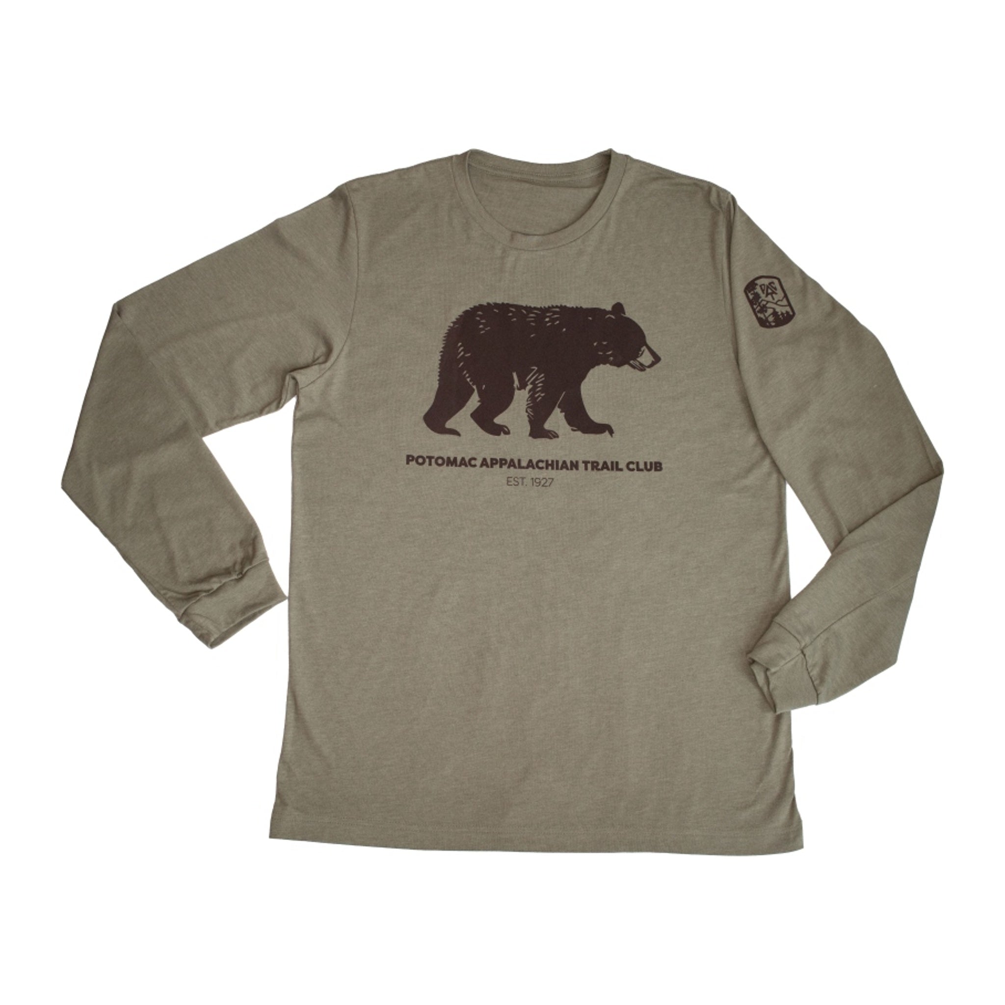 Khaki long-sleeve shirt with bear graphic and text on a white background