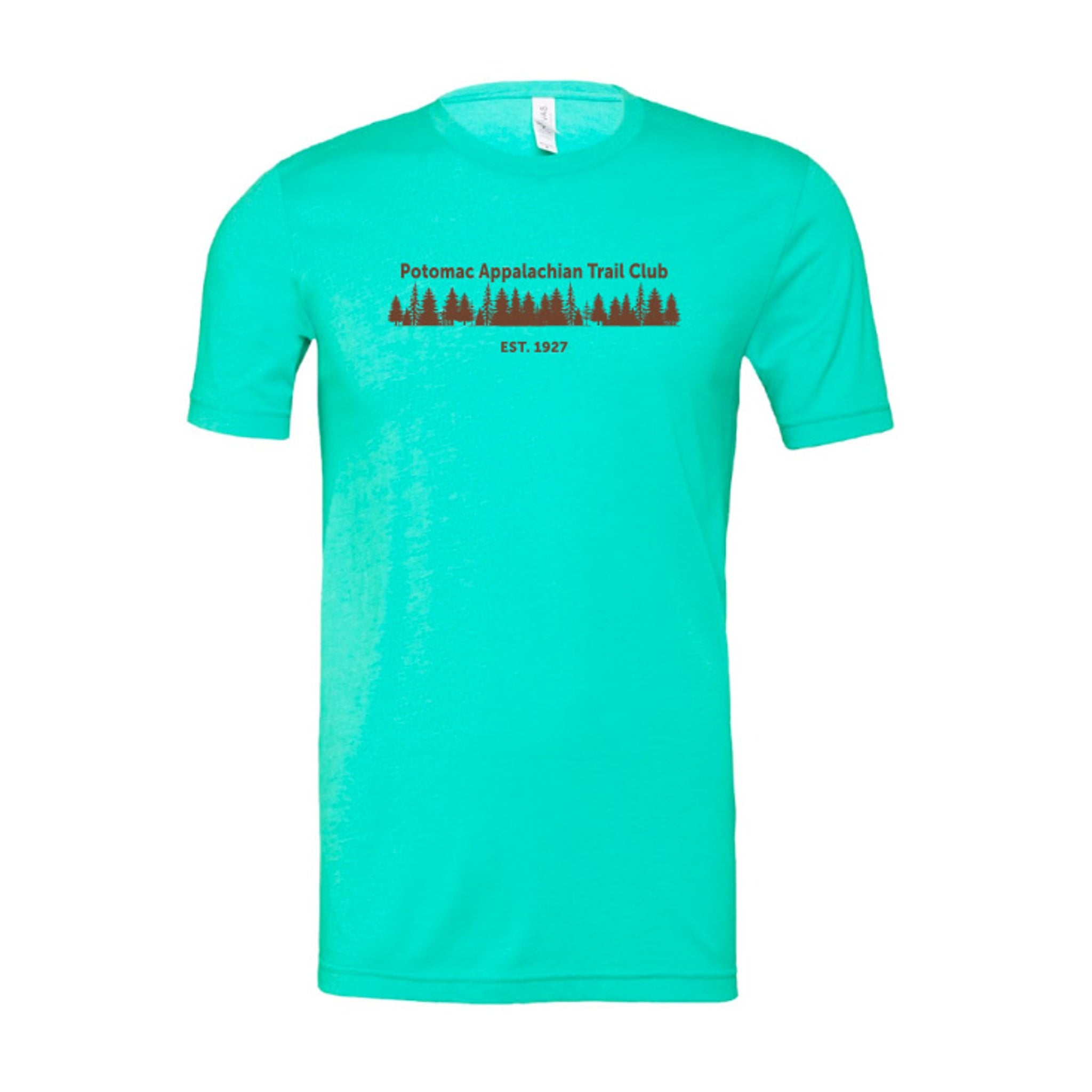Turquoise t-shirt with a graphic design and text on a white background