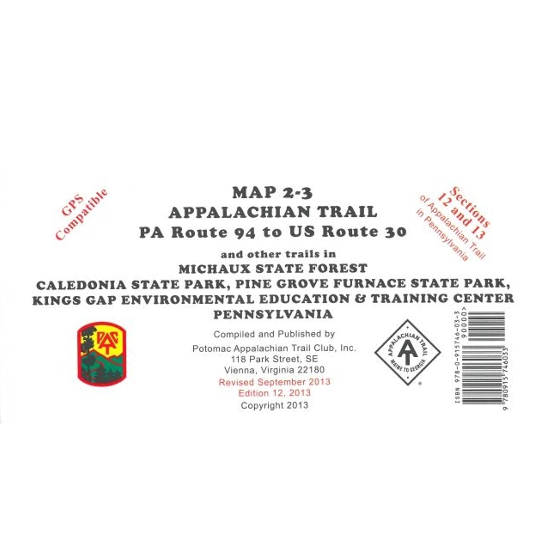 Back cover of a map guide for the Appalachian Trail in Pennsylvania with text and logos.