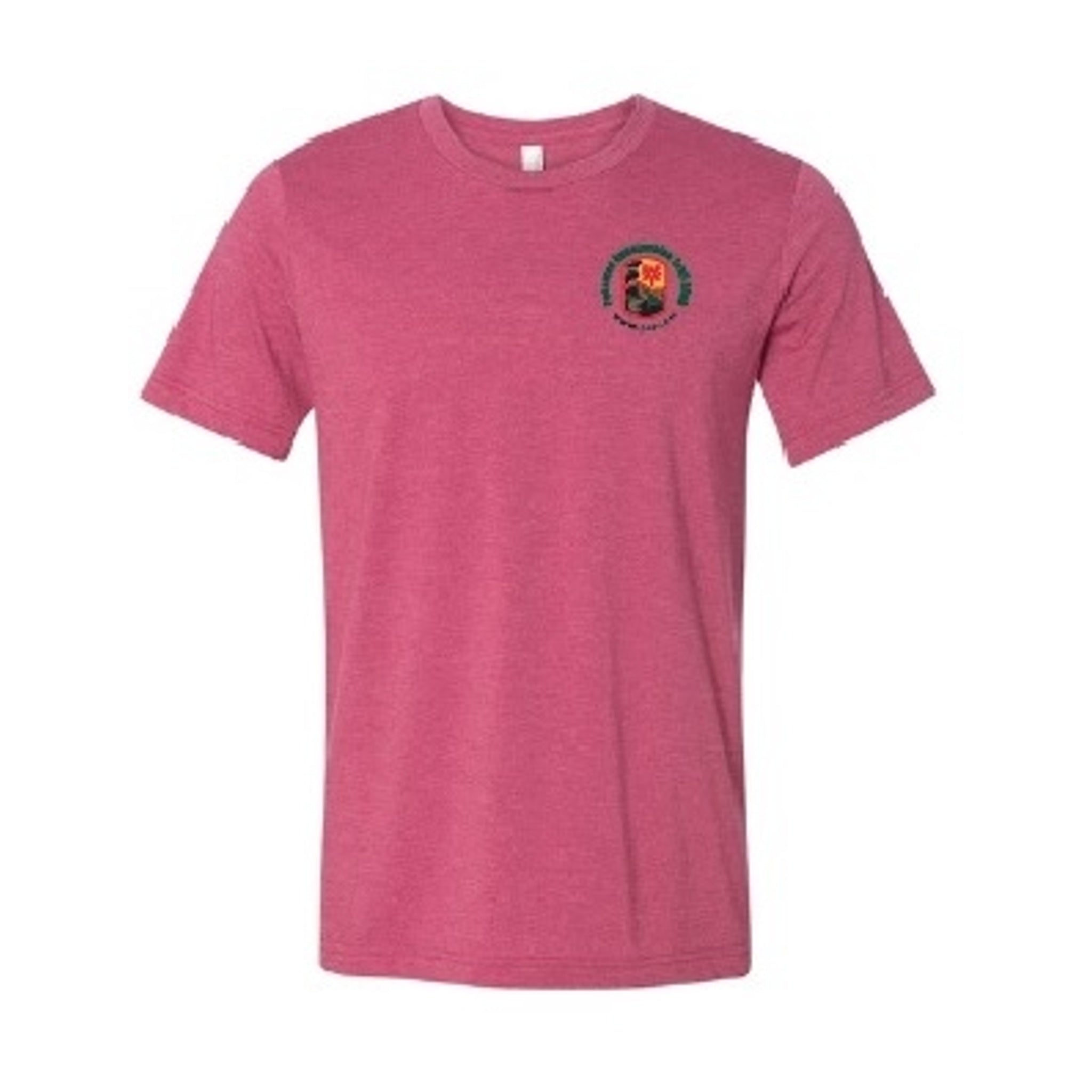 Red t-shirt with a small logo on a white background