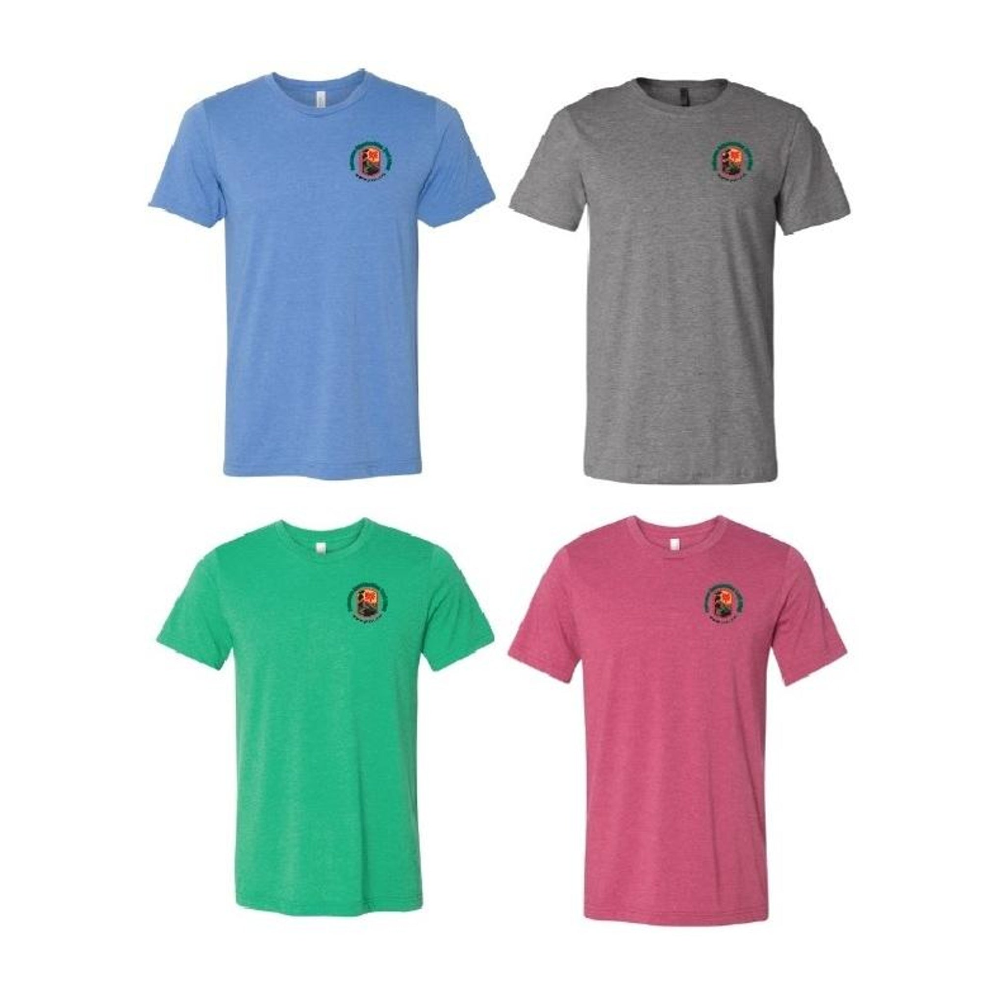 Four t-shirts in blue, gray, green, and pink with a logo on a white background