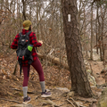 Person hiking in a forest with a backpack, wearing a red jacket and purple pants.