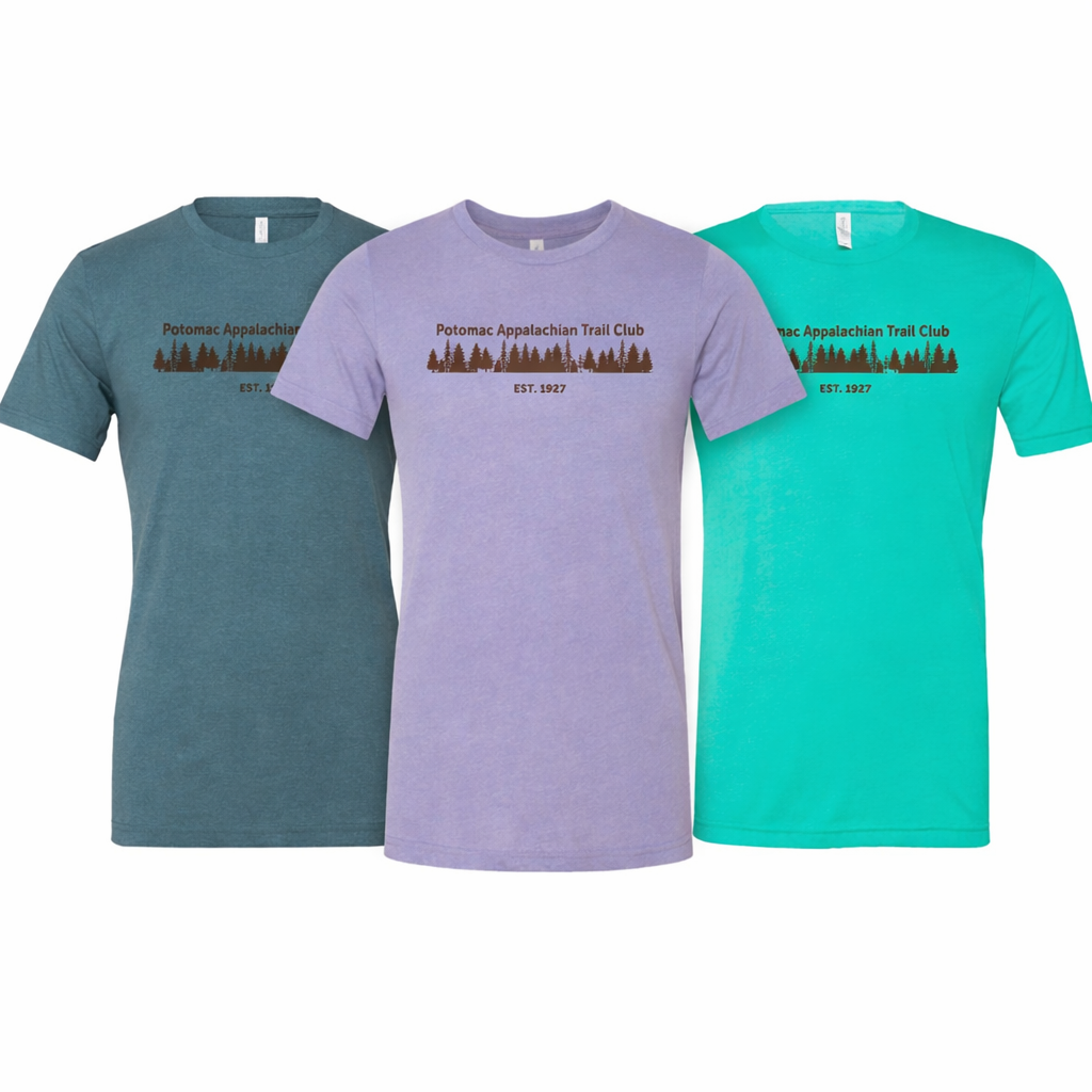Three t-shirts in teal, purple, and turquoise with a logo and text on a white background