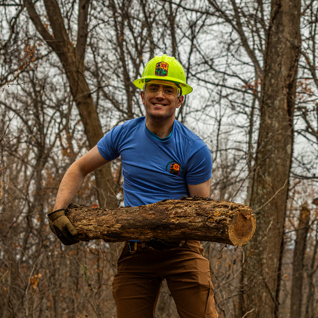 Person in blue shirt and yellow hard hat holding a log in a forest